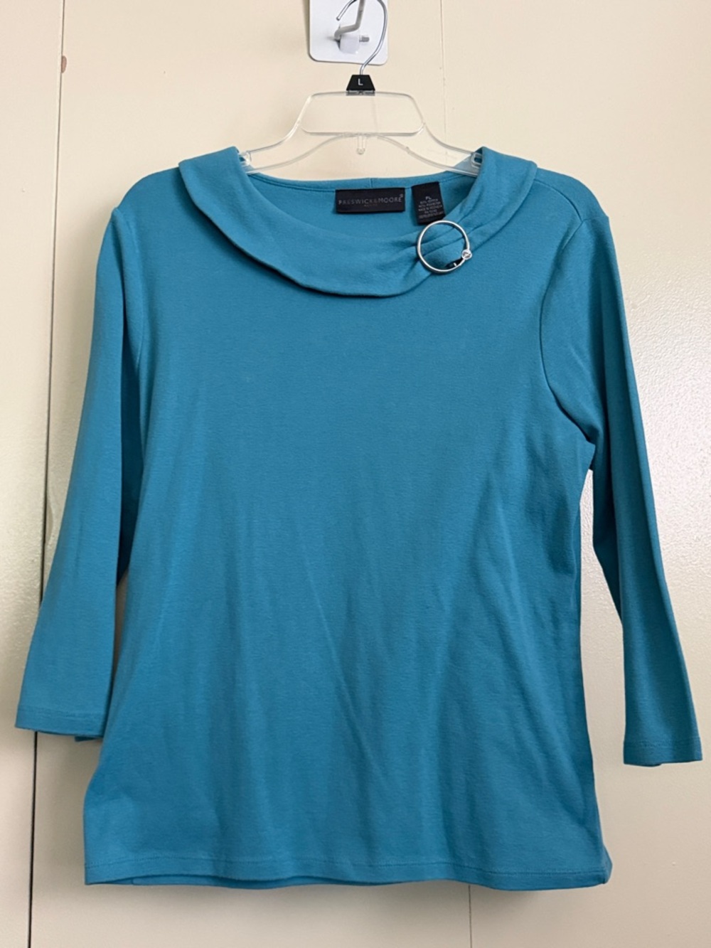 Preswick & Moore Teal 3/4-Sleeve Knit Top with Decorative Ring - PL